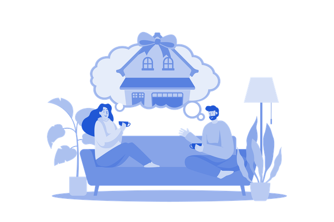 Couple sitting on sofa thinking about new house  イラスト