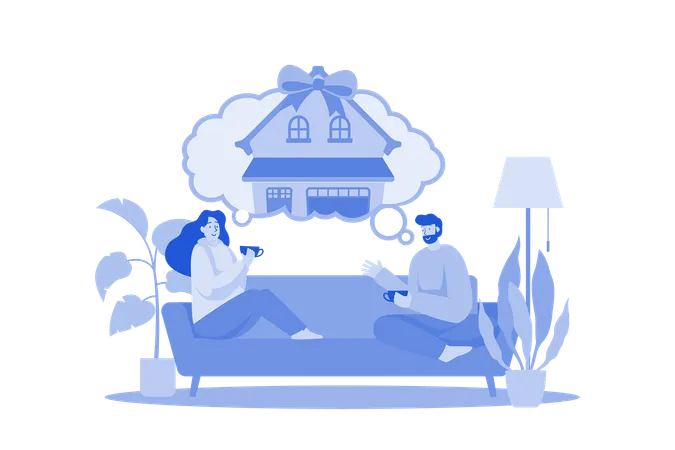 Couple Sitting On The Sofa Thinking About New House Illustration
