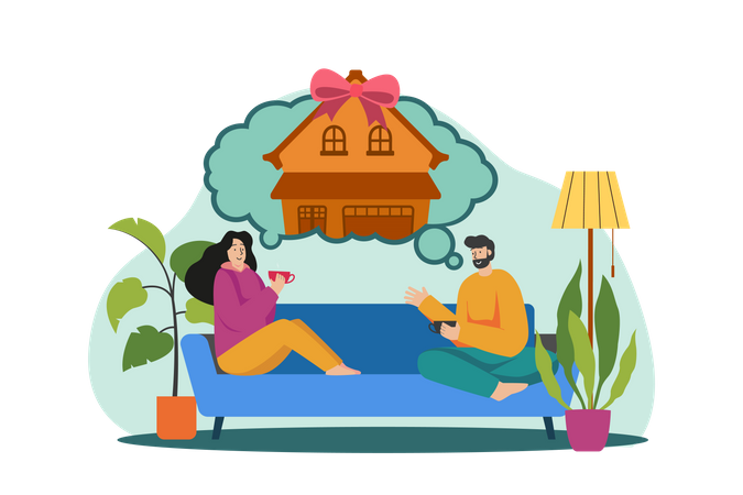 Couple sitting on sofa thinking about new house  イラスト