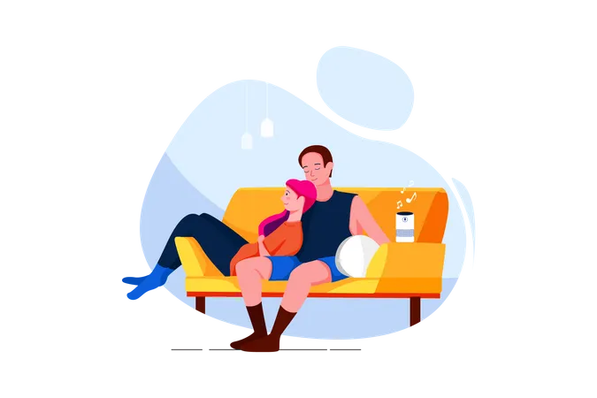 Couple sitting on the sofa listening to music on a wireless speaker  Illustration