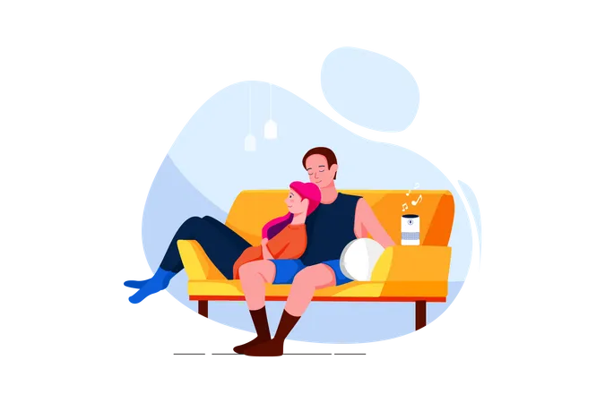 Couple sitting on the sofa listening to music on a wireless speaker Illustration