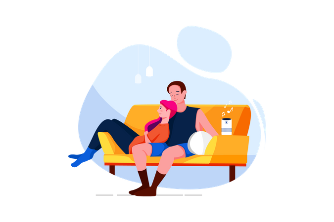 Couple sitting on the sofa listening to music on a wireless speaker  Illustration