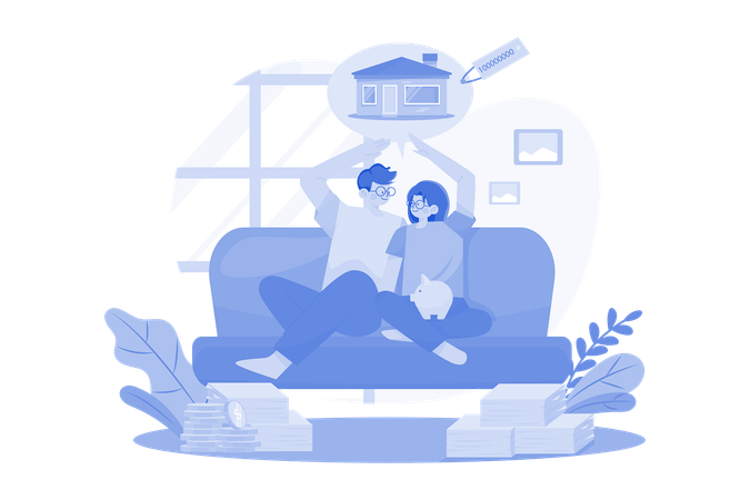 Couple Sitting On The Sofa Thinking About New House  Illustration