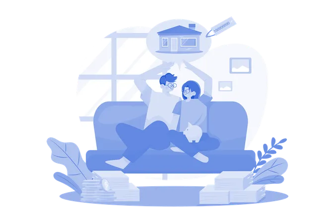 Couple Sitting On The Sofa Thinking About New House イラスト