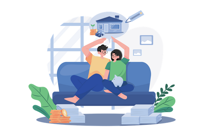 Couple Sitting On The Sofa Thinking About New House  イラスト