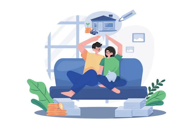Couple Sitting On The Sofa Thinking About New House イラスト