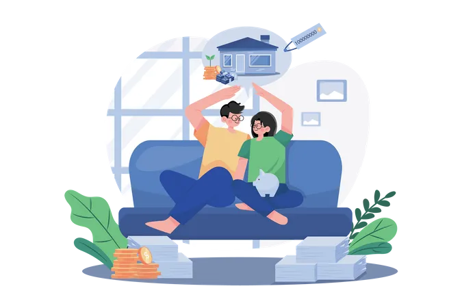 Couple Sitting On The Sofa Thinking About New House  Illustration