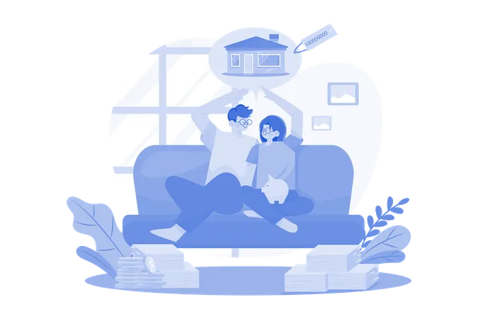 Couple Sitting On The Sofa Thinking About New House  Illustration