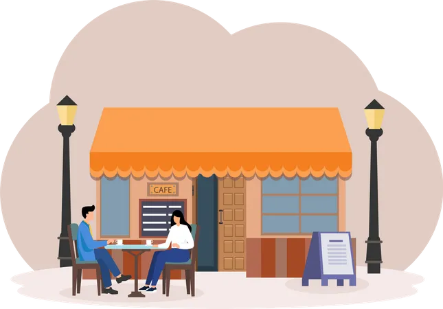 Couple sitting outside cafe  Illustration