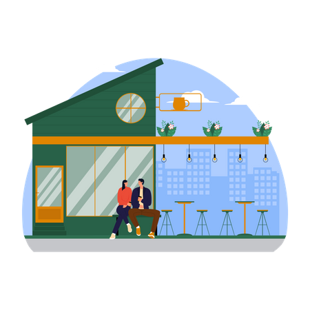 Couple sitting outside coffee shop  Illustration