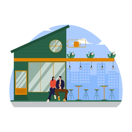 Couple sitting outside coffee shop  Illustration