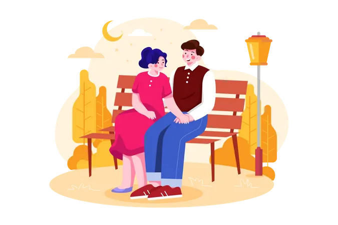 Couple sitting together at park bench  Illustration