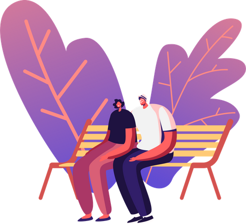Couple sitting together at park bench Illustration