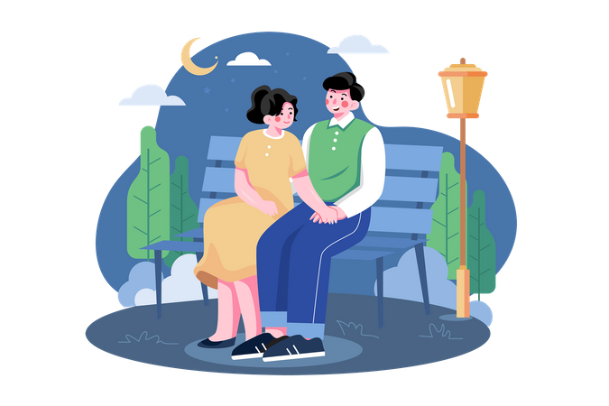 Couple sitting together at park bench  Illustration
