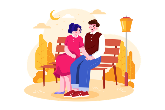 Couple sitting together at park bench  Illustration