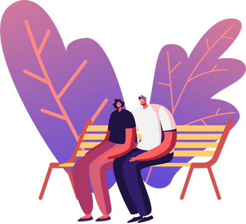 Couple sitting together at park bench  Illustration