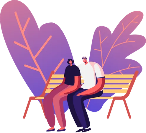 Couple sitting together at park bench  Illustration