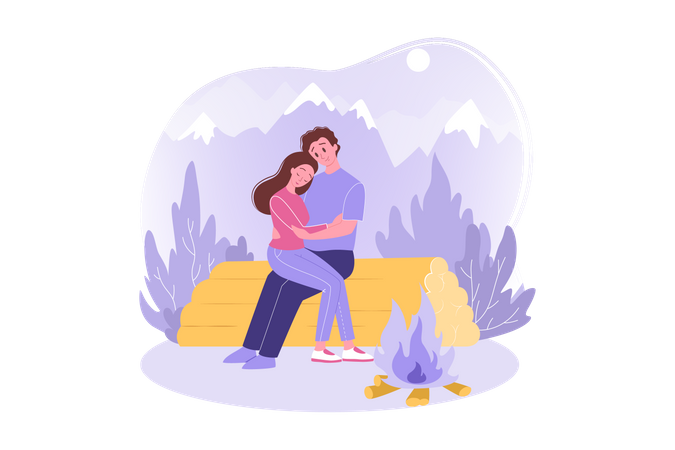 Couple sitting together near campfire  Illustration