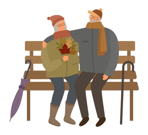 Couple sitting together on park bench during autumn  Illustration