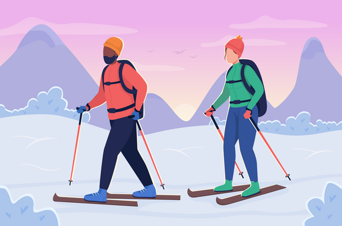 Couple skiing together Illustration