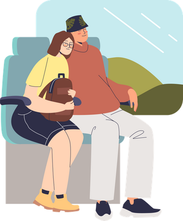 Couple sleeping in train while travelling Illustration