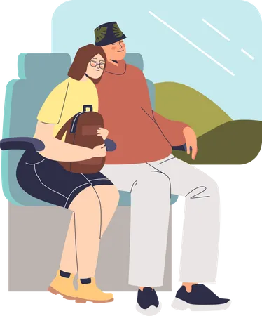 Couple sleeping in train while travelling  Illustration