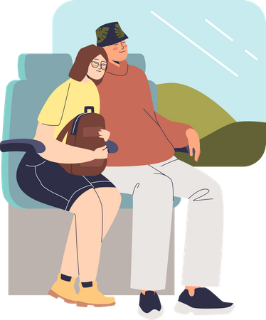 Couple sleeping in train while travelling  Illustration