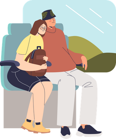 Couple sleeping in train while travelling  Illustration