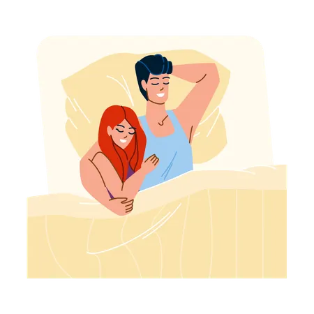 Couple Sleeping Vector Bed Man Woman Happy Bedroom Young Family Lifestyle Wife Husband Home Together Couple Sleeping Character People Flat Cartoon Illustration Illustration