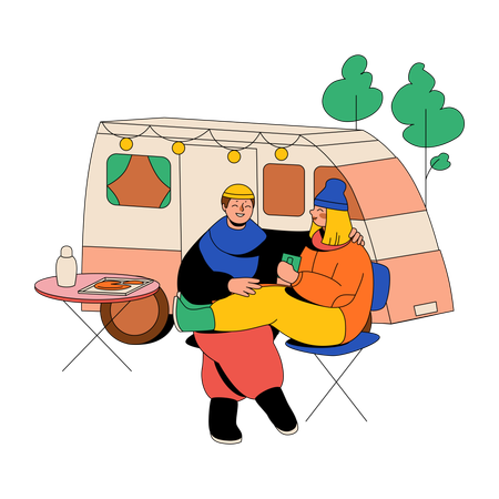 Couple Socializing And Drinking Tea By Their Pickup Truck  Illustration