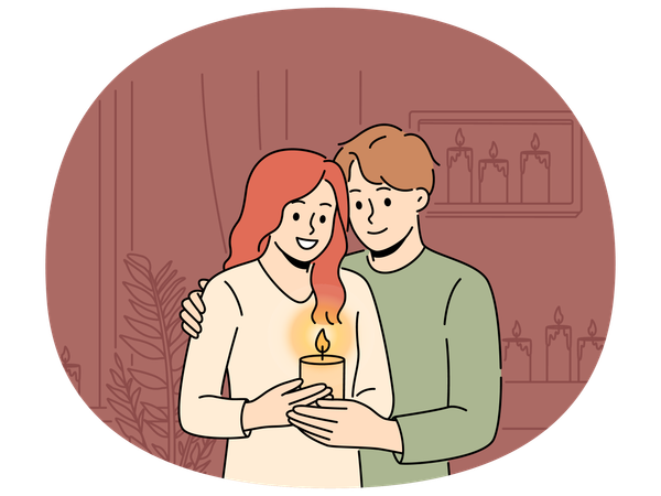 Couple souriant avec une bougie à la maison  Illustration