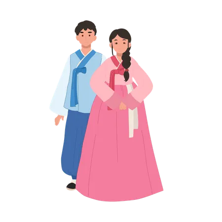 Couple souriant en hanbok moderne pour une occasion festive  Illustration