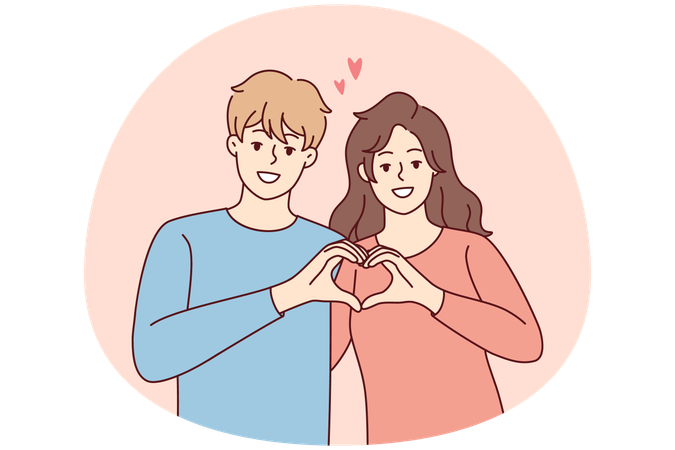 Un couple souriant montre un geste de la main en forme de cœur  Illustration