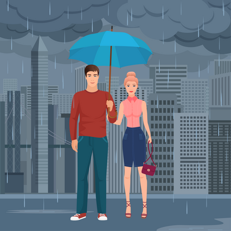 Couple sous un parapluie sous la pluie  Illustration