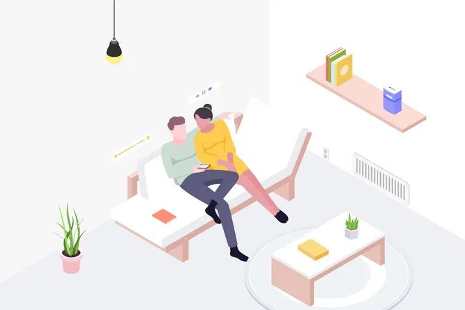 Couple spend some time  in living room and watching phone  Illustration