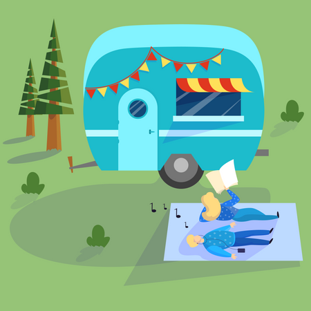 Couple spend time on nature at the camping truck Illustration