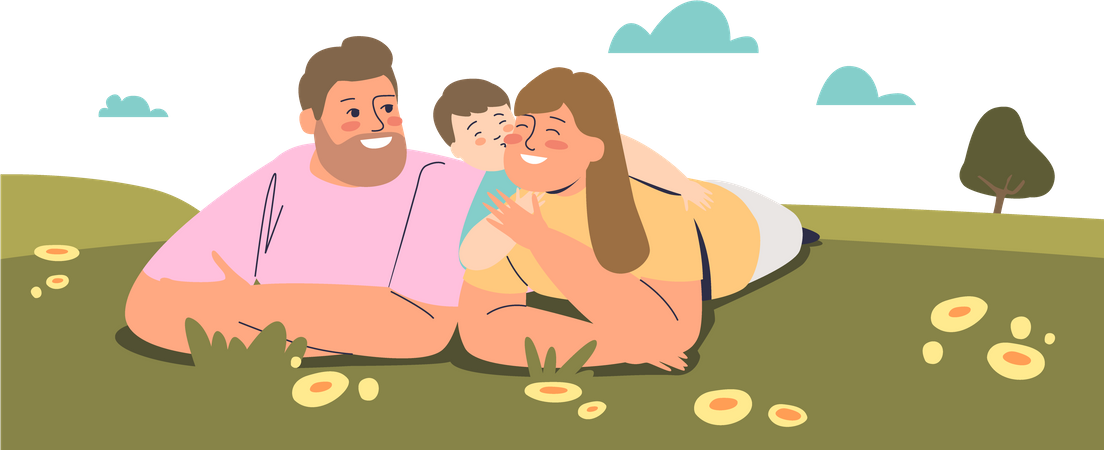 Couple spending leisure time at park with kid Illustration