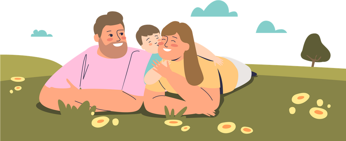 Couple spending leisure time at park with kid  Illustration