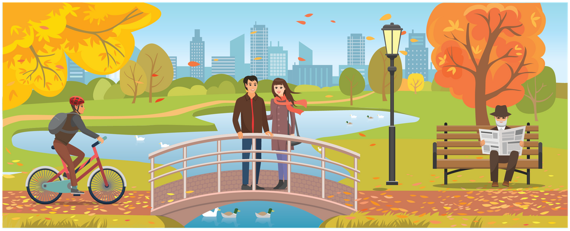 Couple spending quality time together at park bridge  Illustration