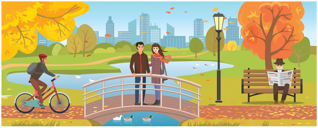 Couple spending quality time together at park bridge  Illustration