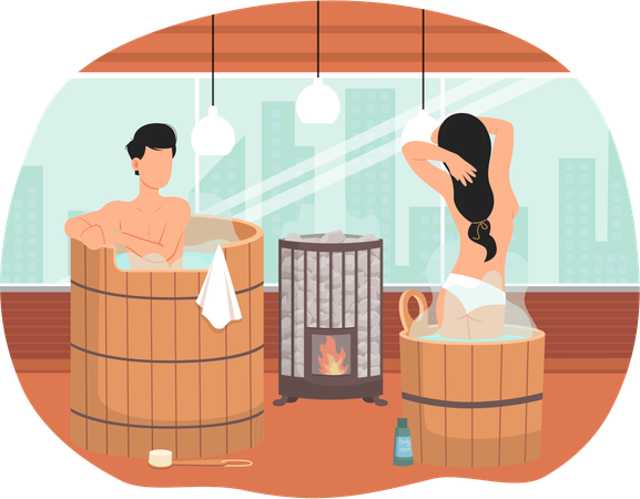 Couple spending romantic time together in sauna  Illustration