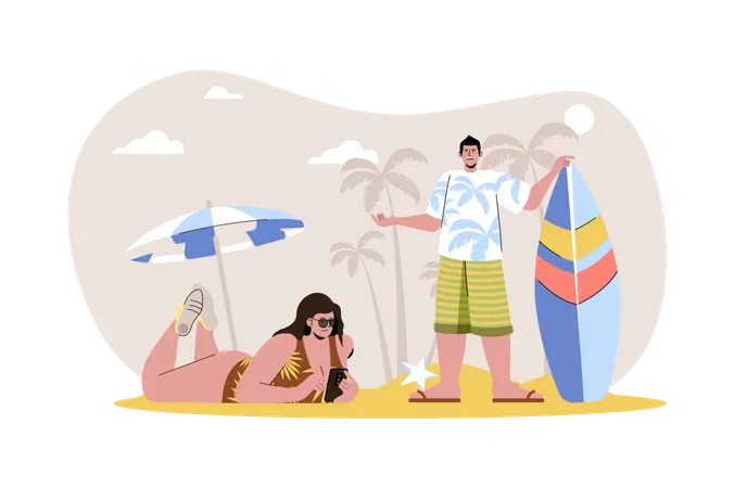 Couple spending summer time at beach Illustration