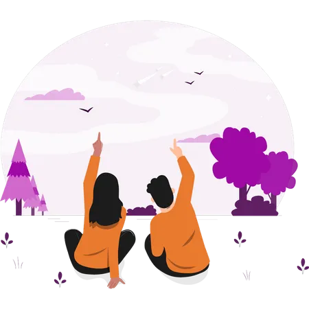 The Couple Is Sitting And Look Up To The Sky Illustration