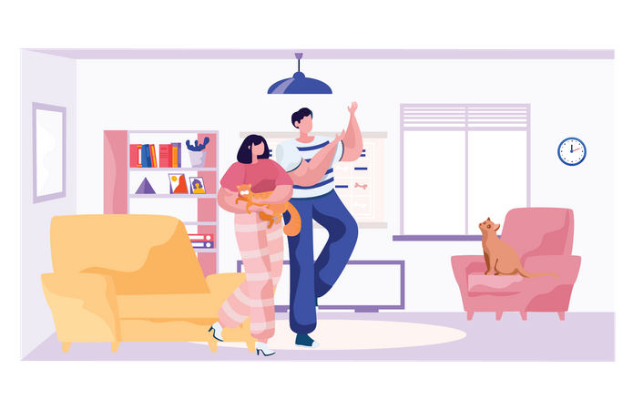 Couple spending time with pet Illustration