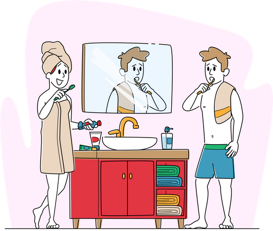 Couple Stand front of Mirror and Brushing Teeth Together  Illustration