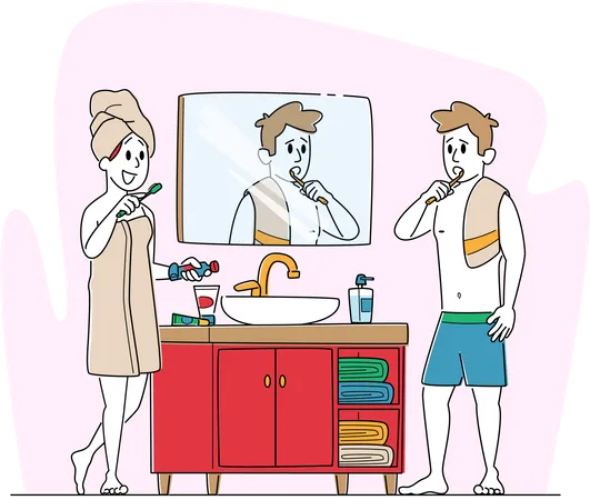 Couple Stand front of Mirror and Brushing Teeth Together  Illustration