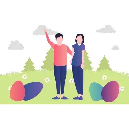 Couple stand in the park with Easter eggs Illustration