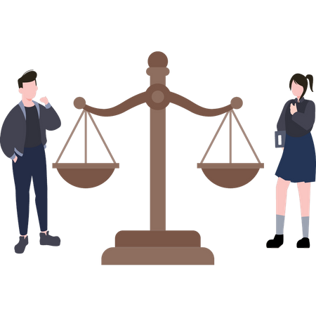 Couple stand near the scale of justice  Illustration