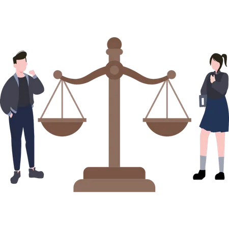 Couple stand near the scale of justice  Illustration