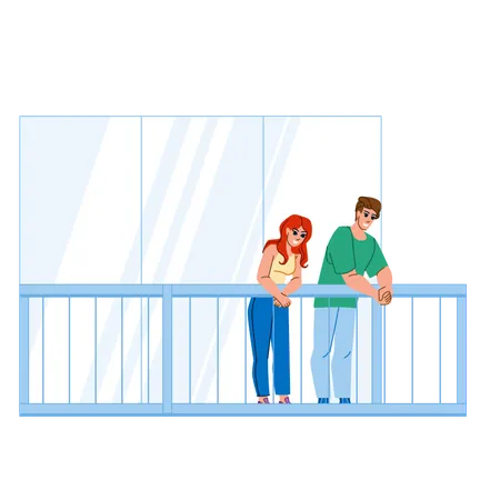 Couple Balcony Vector Young Woman Man Love Together Boyfriend Romantic Lifestyle Romance Vacation Couple Balcony Character People Flat Cartoon Illustration Illustration